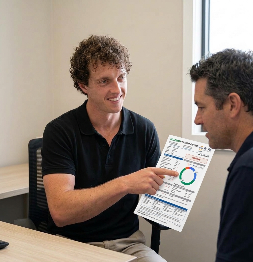 Tristen Oosthuizen discussing a health report with a client during a men's health consultation
