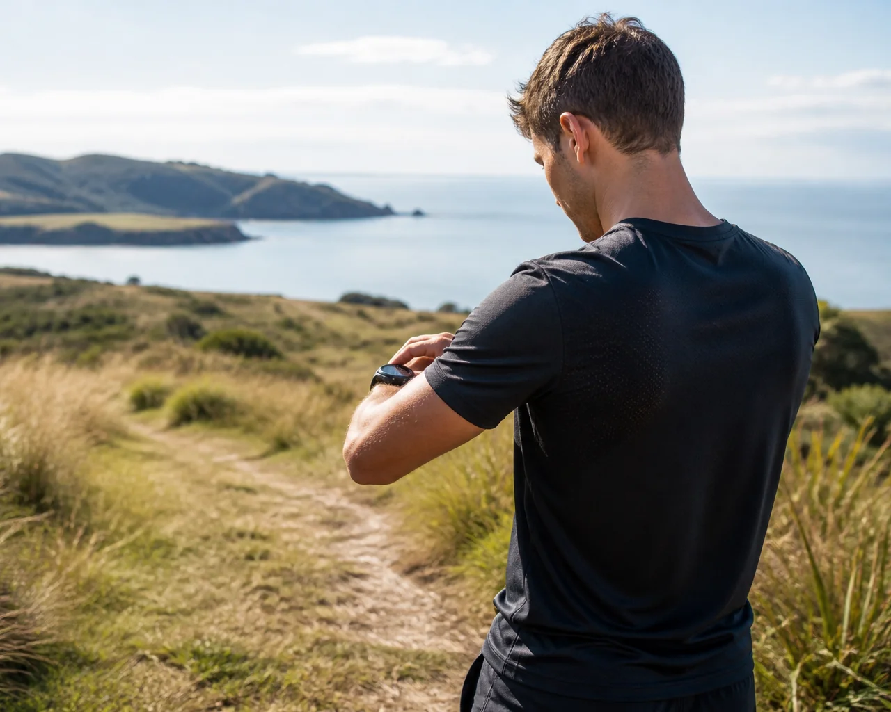 An endurance athlete checking his sports watch on a coastal trail